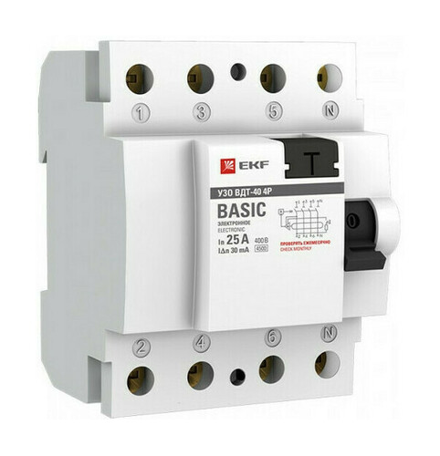 Устройство защитного отключения УЗО 4P 25А/30мА (электронное) EKF Basic